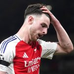 Arsenal's Declan Rice reacts during the UEFA Champions League semi final, first leg against PSG