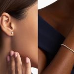 woman modeling blue nile's diamond studs; woman modeling blue nile's diamond tennis bracelet