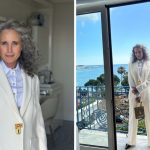 Andie MacDowell in head-to-toe white Schiaparelli suit and keyhole heels at the 2025 Cannes Film Festival