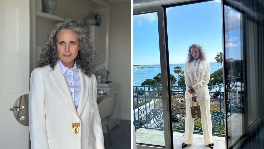 Andie MacDowell in Schiaparelli Keyhole Heels & White Suit at Cannes