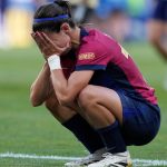 Barcelona's Aitana Bonmati reacts at the end of the women's Champions League final soccer match between Arsenal and FC Barcelona at the Jose Alvalade stadium in Lisbon, Saturday, May 24, 2025. (AP Photo/Armando Franca)