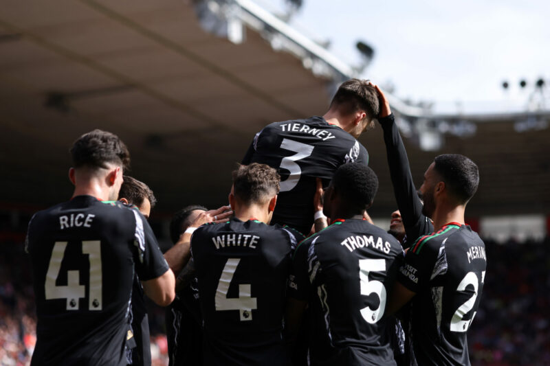 SOUTHAMPTON, ENGLAND - MAY 25: Kieran Tierney of Arsenal celebrates scoring his team's first goal with teammates during the Premier League match be...