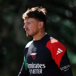 LONDON COLNEY, ENGLAND: Ben White of Arsenal looks on during a training session and press conference ahead of their UEFA Champions League 2024/25 q...