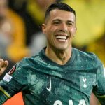 Tottenham's Pedro Porro celebrates scoring a goal during the Europa League semi-final against Bodo/Glimt