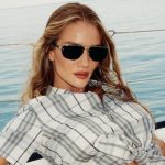 Rosie Huntington-Whiteley wearing a check bikini in Burberry's high summer campaign.