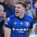 Ipswich Town's Liam Delap celebrates scoring against Wolves