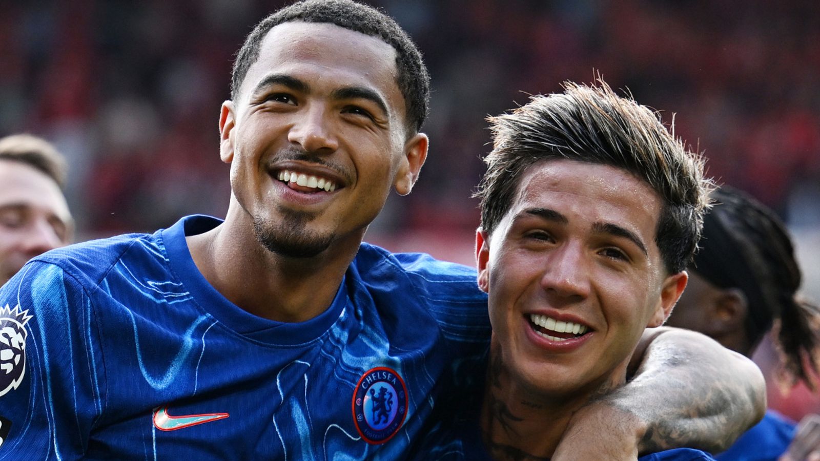 NOTTINGHAM, ENGLAND - MAY 25: Levi Colwill and Enzo Fernandez celebrate following the team's victory during the Premier League match between Nottingham Forest FC and Chelsea FC at City Ground on May 25, 2025 in Nottingham, England. (Photo by Darren Walsh/Chelsea FC via Getty Images)