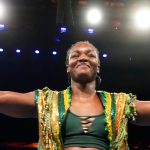 Claressa Shields acknowledges the fans after defeating Maricela Cornejo by decision in a middleweight boxing bout Saturday, June 3, 2023, in Detroit. (AP Photo/Carlos Osorio)