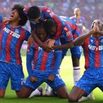 Crystal Palace players celebrate after Eberechi Eze gives them the lead in the FA Cup final