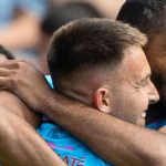 DUNDEE, SCOTLAND - MAY 10: St Mirren's Mikael Mandron (R) celebrates scoring to make it 1-0 during a William Hill Premiership match between Dundee United and St Mirren at the Calforth Construction Arena at Tannadice Park, on May 10, 2025, in Dundee, Scotland. (Photo by Ross Parker / SNS Group)