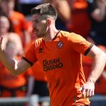 Declan Gallagher celebrates after equalising for Dundee United against Aberdeen