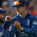 England's Harry Brook celebrates with England's Ben Duckett after catching the ball to take the wicket of West Indies' Gudakesh Motie (unseen) for 18 runs during the first one day international (ODI) cricket match between England and West Indies at Edgbaston cricket ground in Birmingham on May 29, 2025. (Photo by Darren Staples / AFP) / RESTRICTED TO EDITORIAL USE. NO ASSOCIATION WITH DIRECT COMPETITOR OF SPONSOR, PARTNER, OR SUPPLIER OF THE ECB