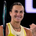 Aryna Sabalenka of Belarus celebrates after defeating Anastasia Pavlyuchenkova of Russia in their quarterfinal match at the Australian Open tennis championship in Melbourne, Australia, Tuesday, Jan. 21, 2025. (AP Photo/Manish Swarup)