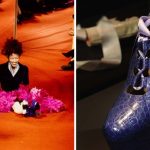 Side-by-side image of Naomi Campbell’s 1993 runway fall at Vivienne Westwood’s show and a close-up of the Super-Elevated Gillie heels she was wearing, featuring five-inch soles and nine-inch stilettos.