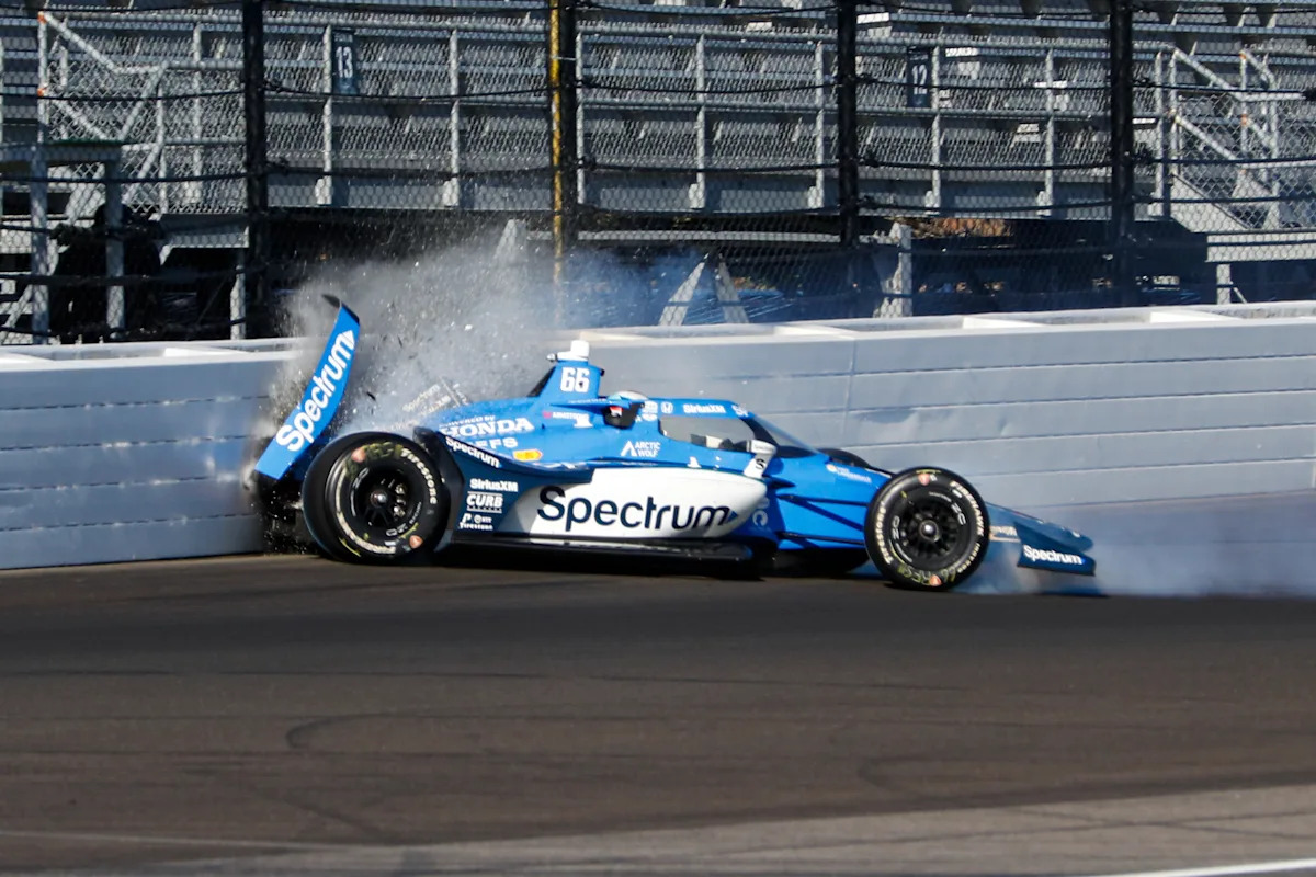 Indy 500 driver Marcus Armstrong taken away on stretcher after heavy crash in qualifying practice