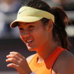 Britain's Emma Raducanu reacts as she plays United States' Coco Gauff during their tennis match at the Italian Open at the Foro Italico, in Rome, Monday, May 12, 2025. (AP Photo/Alessandra Tarantino)