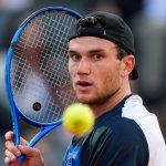 Jack Draper of Great Britain in action against Lorenzo Musetti of Italy during the Mutua Madrid Open 2025, ATP Masters 1000 and WTA 1000 tennis tournament, celebrated at Caja Magica on May 02, 2025 in Madrid, Spain. AFP7 02/05/2025 (Europa Press via AP)