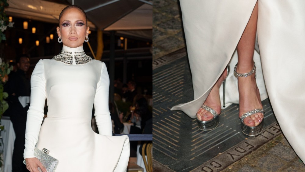 Jennifer Lopez Sparkles in Dolce & Gabbana Sandals and White Gown