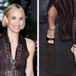 Giuseppe Zanotti’s Intriigo Knot 105 sandal, hermes dress, LATE NIGHT WITH SETH MEYERS -- Episode 1654 -- Pictured: Actress Leslie Bibb arrives on May 14, 2025 -- (Photo by: Lloyd Bishop/NBC)