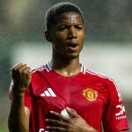 Chido Obi celebrates scoring his second goal for Man Utd in their friendly against Hong Kong