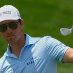 Ben Griffin reacts after sinking his shot on the 18th green during the first round of the Memorial golf tournament Thursday, May 29, 2025, in Dublin, Ohio. (AP Photo/Sue Ogrocki)