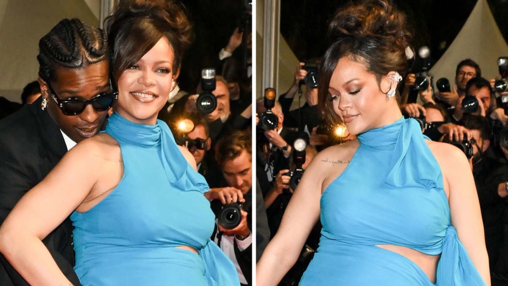 Pregnant Rihanna Wows at Cannes in Blue Alaia Peekaboo Bump Dress