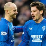 GLASGOW, SCOTLAND - FEBRUARY 02: Rangers' Ianis Hagi (R) celebrates scoring to make it 2-0 with teammate Vaclav Cerny during a William Hill Premiership match between Rangers and Ross County at Ibrox Stadium, on February 02, 2025, in Glasgow, Scotland.  (Photo by Alan Harvey / SNS Group)