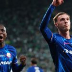 Chelsea's Nicolas Jackson, left, and Cole Palmer celebrate after scoring during the Europa League final soccer match between Real Betis and Chelsea in Wroclaw, Poland, Wednesday, May 28, 2025. (AP Photo/Petr David Josek)