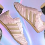 a collage of adidas taekwondo shoes of various colors and finishes overlaid on a holographic background