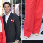 Abby Champion and Patrick Schwarzenegger attend the European Premiere of "F1: The Movie" in head-to-toe Tommy Hilfiger at Cineworld Leicester Square on June 23, 2025 in London.