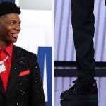 Ace Bailey wears Christian Louboutin shimmering sneakers at the NBA Draft Day One, where he was drafted to the Utah Jazz.