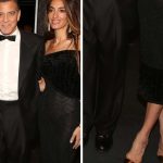 Dr. Chelsea Clinton, George Clooney, Amal Clooney  backstage at the hit play "Good Night, and Good Luck" on Broadway at The Winter Garden Theatre on May 29, 2025 in New York City, Detail of Amal Clooney's Gianvito Rossi Plexi pumps.