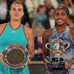 Winner Coco Gauff of the U.S., right, and second placed Aryna Sabalenka of Belarus pose with their trophies after the final match of the Fre