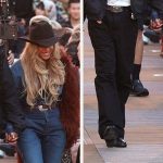Jay-Z and Beyoncé arriving at the Louis Vuitton Men's Show in Paris in coordinated black shoes.