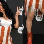 Cardi B attends and performs at Spotify Beach during Cannes Lions 2025 on June 18, 2025 in orange Maison Margiela Tabi ankle boots featuring a shimmering fringe.
