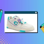 Coach soho sneaker '90s pack edition on 1990s themed backdrop with computer window, floppy disk design and VHS tape
