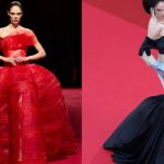 Coco Rocha modeling Christian Siriano and Ionut Razvan.