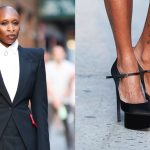 Cynthia Erivo in New York City on June 5, 2025 wearing a McQueen outfit with Giambattista Valli platform pumps.