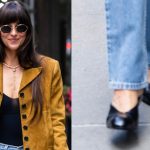 Dakota Johnson shoes detail is seen in Midtown on May 30, 2025 in New York City, angular wedges