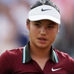 Emma Raducanu of Great Britain looks on against Zheng Qinwen of People's Republic of China during the Women's Singles Quarter Final match on