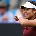 Britain's Emma Raducanu celebrates winning against Ann Li of the US during their women's singles tennis match on day two at the Rothesay Eas