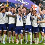 England's James McAtee lifts the trophy after winning the European U-21 Championship final