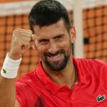 Serbia's Novak Djokovic celebrates as he won the quarterfinal match of the French Tennis Open against Germany's Alexander Zverev at the Roland-Garros stadium in Paris, Wednesday, June 4, 2025. (AP Photo/Aurelien Morissard)