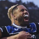 Bath's Joe Cokanasiga celebrates scoring his side's second try of the game during Gallagher Premiership semi-final match