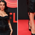 Georgina Rodríguez wears shiny black stiletto shoes while attending the red carpet for the 10th Anniversary of Netflix Spain at Palacio de Cristal on June 10, 2025 in Madrid.