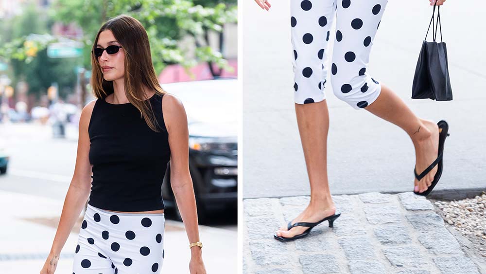 Hailey Bieber Wears Thong Sandals, Saint Laurent Mules in NYC