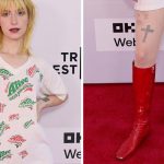 Hayley Williams attends the "Turnstile: Never Enough" Premiere in Newports t-shirt and red patent-leather like knee-high red boots during 2025 Tribeca Festival at SVA Theater on June 5 in New York City.