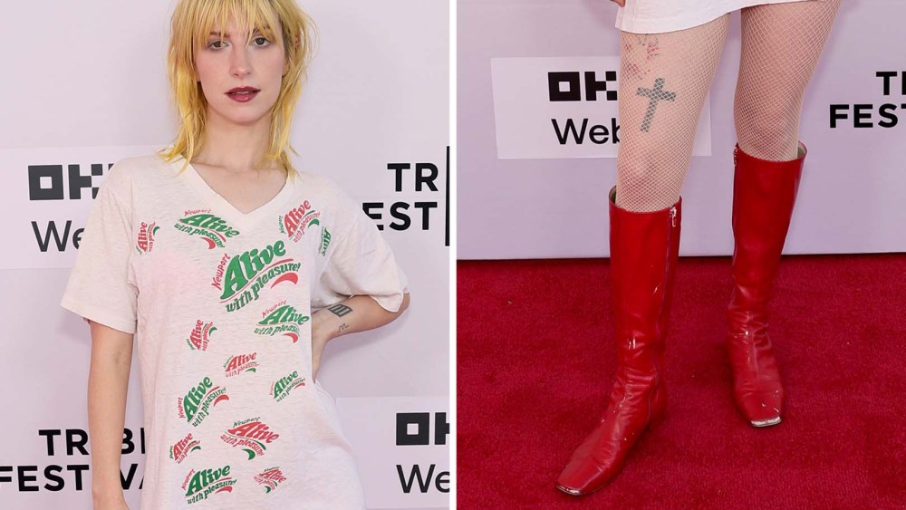 Hayley Williams Wears Slogan Tee, Red Knee-High Boots at Tribeca