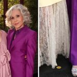 Sarah Paulson & Jane Fonda; a close-up of Jane Fonda's silver caged platform sandals at the MOCA Gala 2025