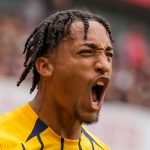Brighton's Joao Pedro celebrates after scoring his side's opening goal during the English Premier League soccer match between Arsenal and Brighton, at Emirates Stadium in London, Saturday, Aug. 31, 2024. (AP Photo/Alastair Grant)